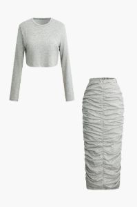 Solid Round Neck Long Sleeve Top And Ruched Maxi Skirt Set sold by Micas