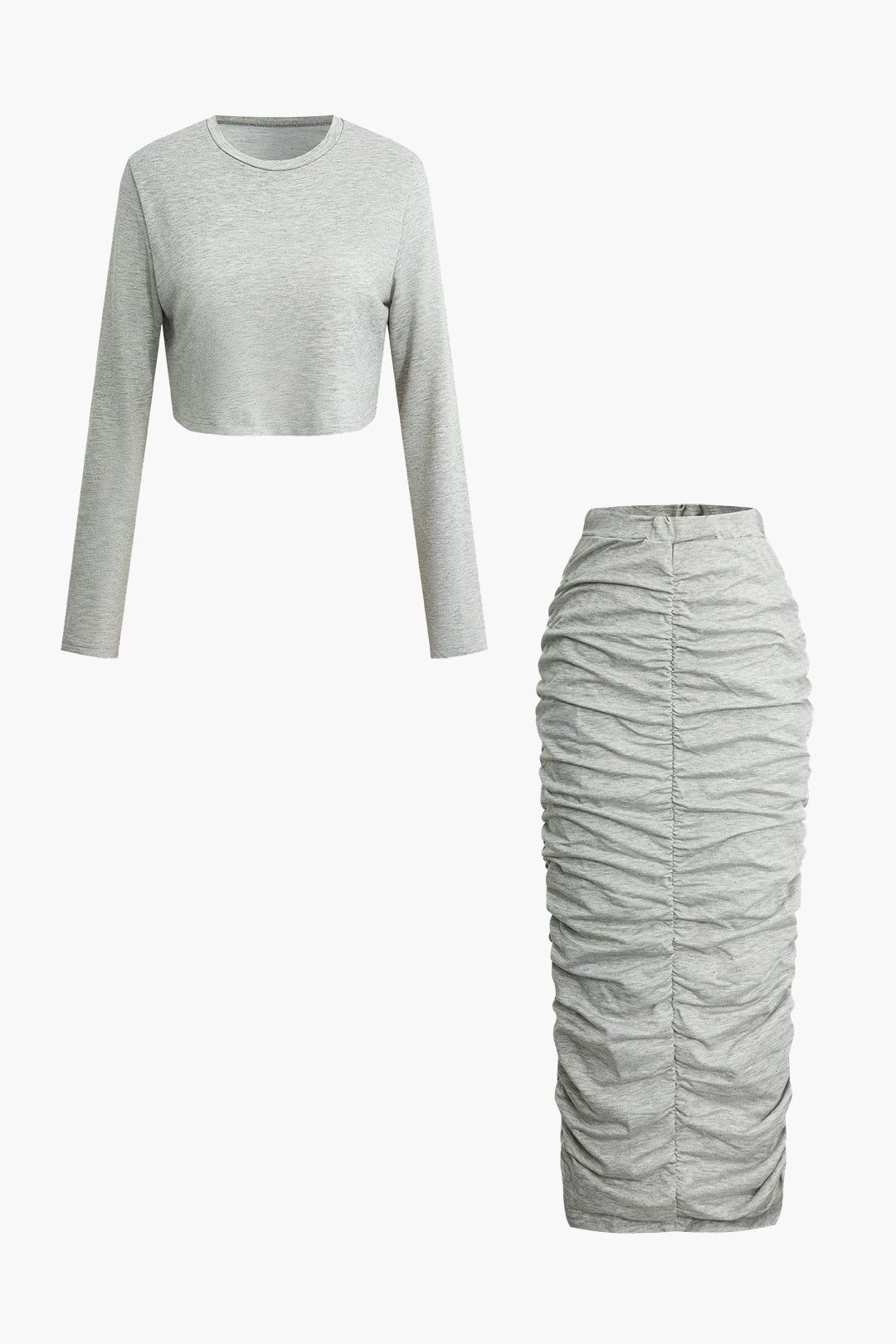 Solid Round Neck Long Sleeve Top And Ruched Maxi Skirt Set sold by Micas product image thumbnail 2