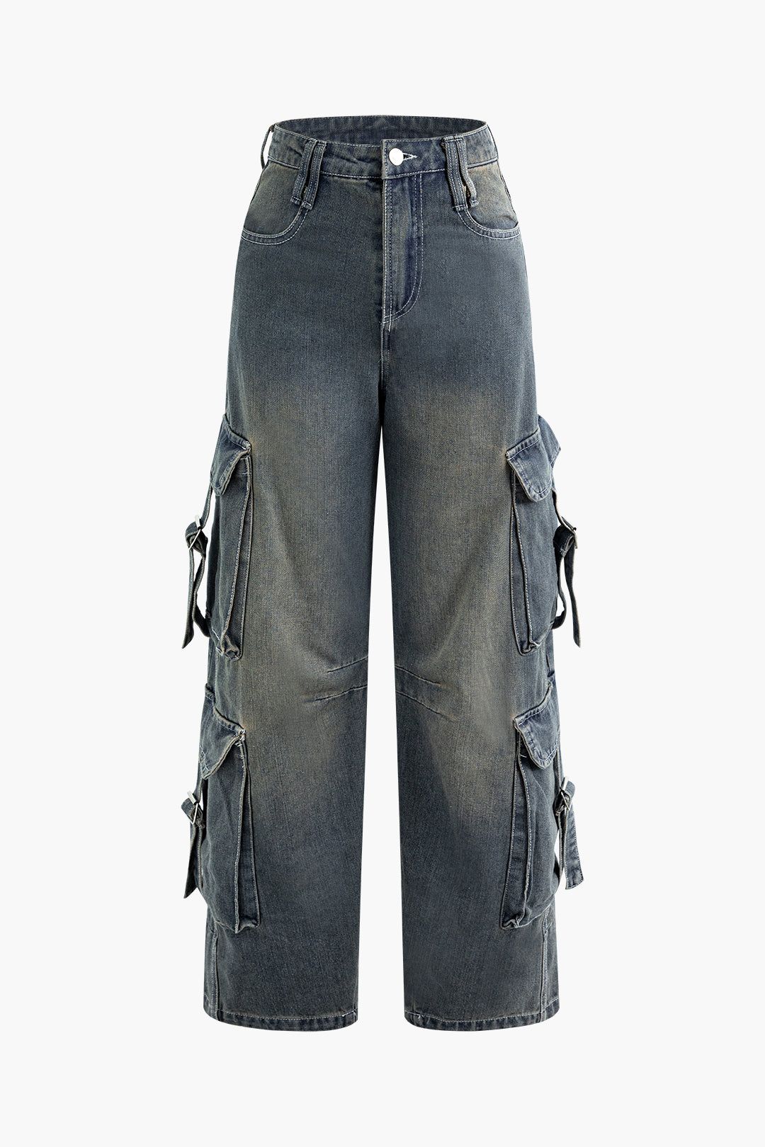 High Waisted Distressed Multi-Pocket Straight Leg Cargo Jeans sold by Micas