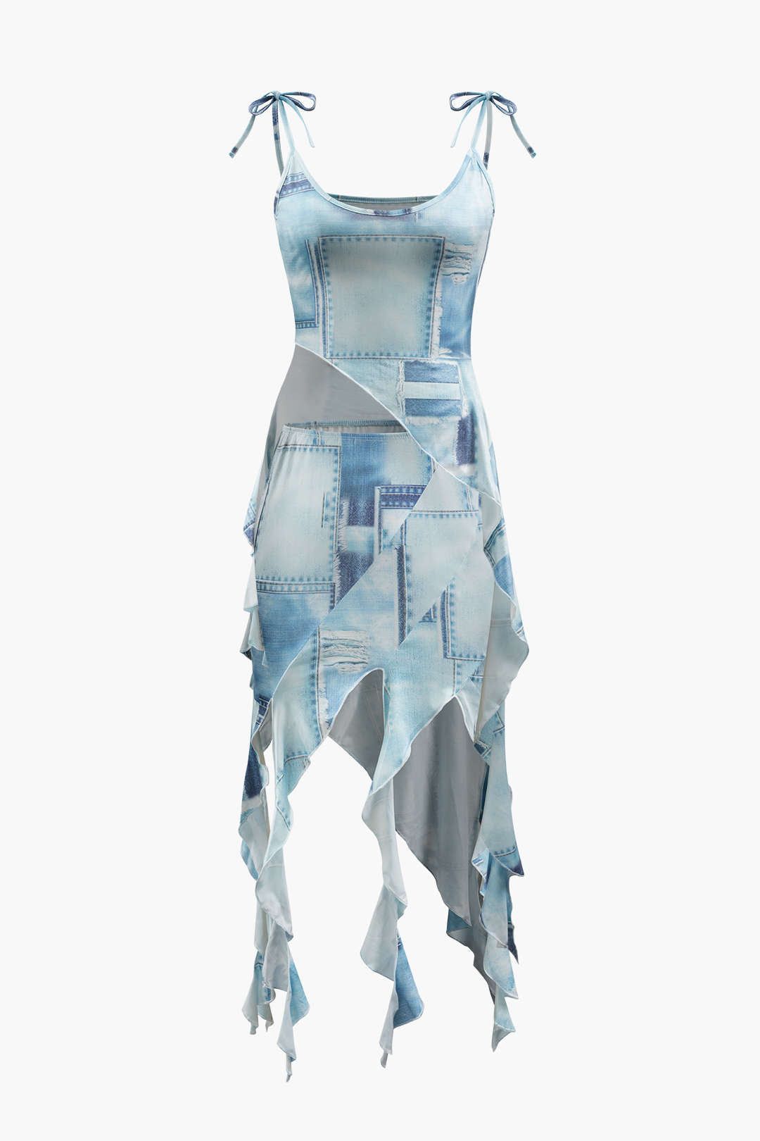 Denim Print Asymmetric Tie Strap Top And Skirt Set sold by Micas