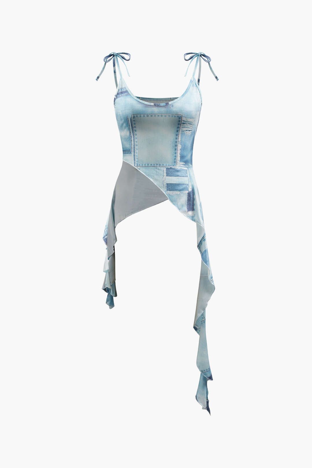 Denim Print Asymmetric Tie Strap Top And Skirt Set sold by Micas product image thumbnail 2