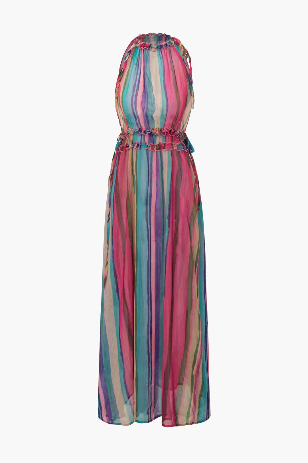 Multicolor Stripe Frill Detail Sleeveless Maxi Dress sold by Micas