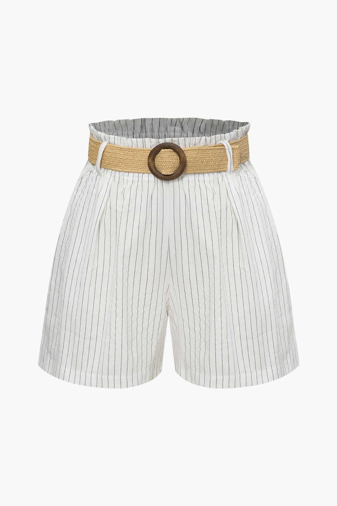 Linen-Blend Stripe Shorts With Straw Belt sold by Micas