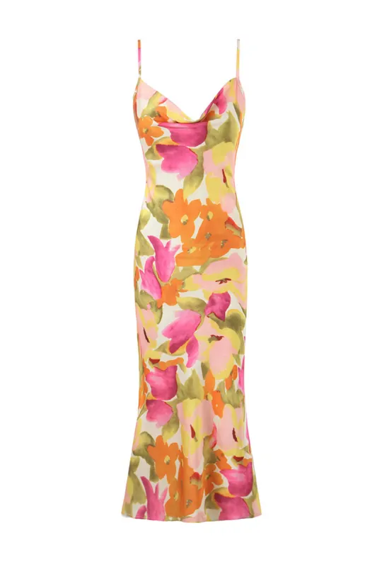 Floral Print Satin Cowl Neck Midi Dress sold by Micas