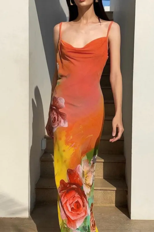 Floral Print Cowl Neck Slip Backless Maxi Dress sold by Micas