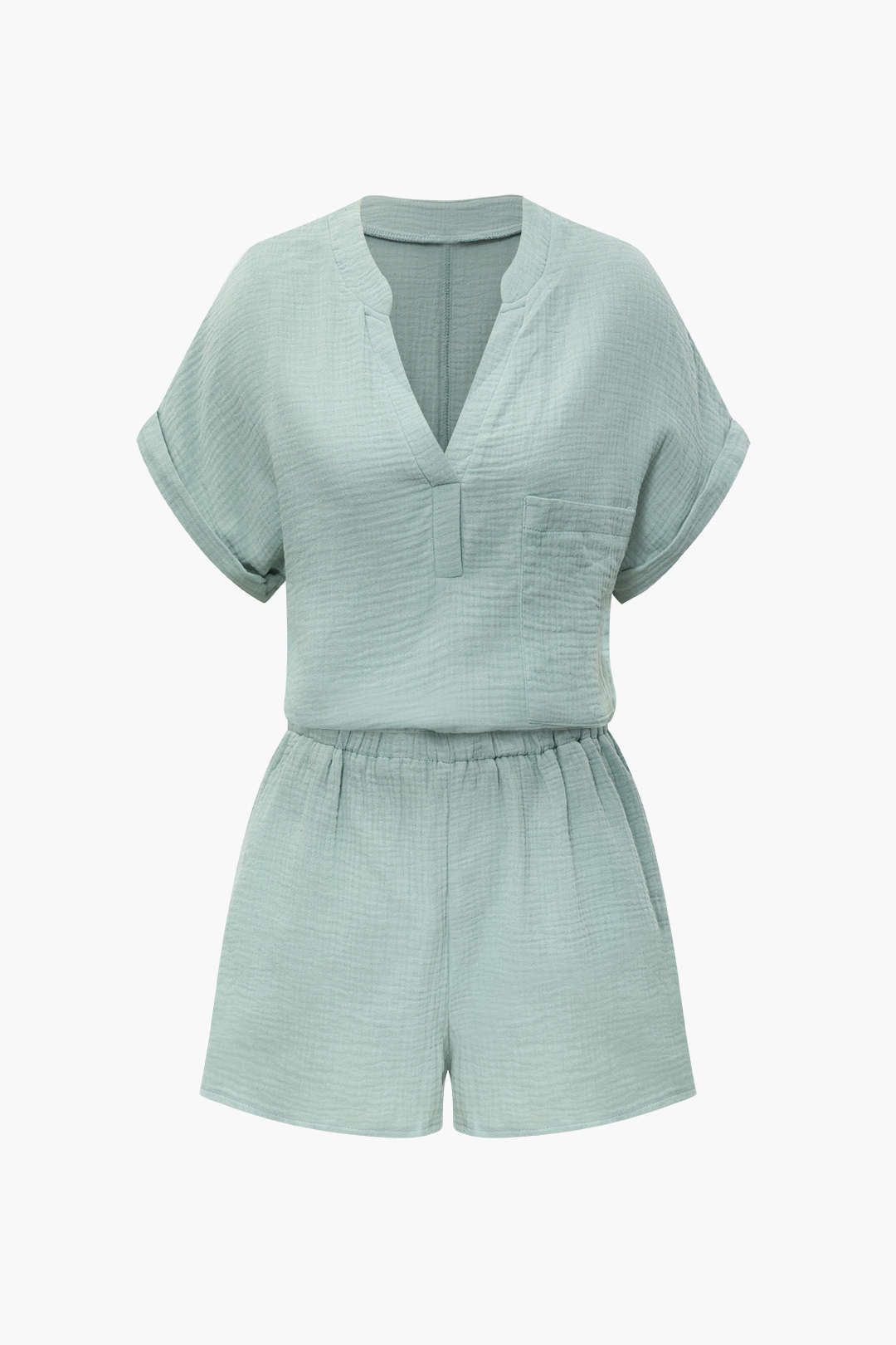 V-neck Rolled Cuff T-shirt And Elastic Waist Shorts Set sold by Micas