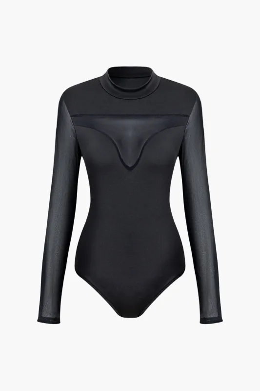 Solid Sheer Mesh Splicing  Long-Sleeve Bodysuit sold by Micas