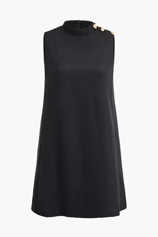 Basic Solid Shoulder Button Decoration Mini Dress sold by Micas