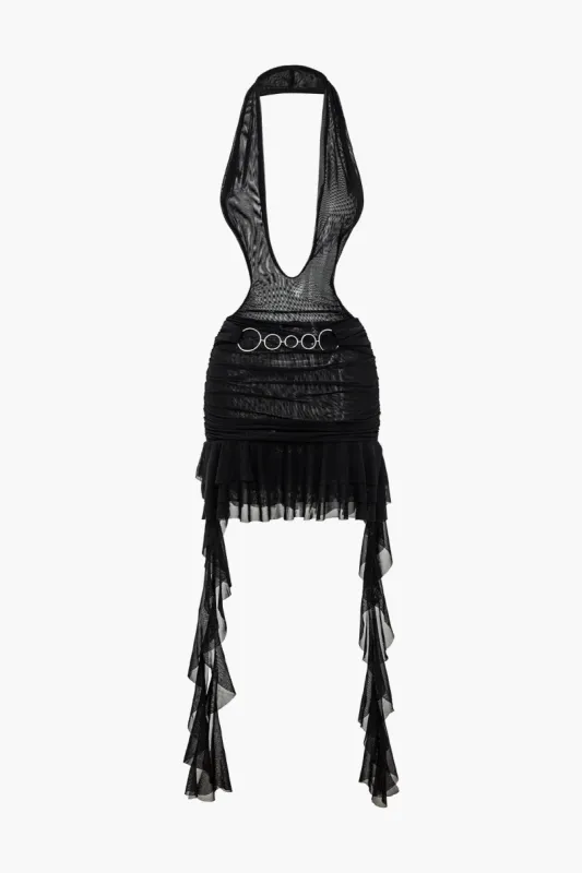 Solid Ring Fringe Backless Deep V neck Mini Dress sold by Micas