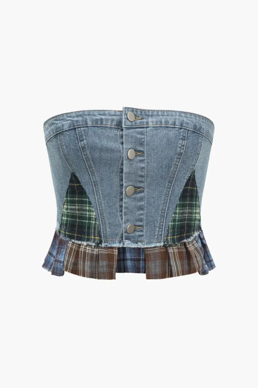 Patchwork Plaid Print Button Tube Top sold by Micas