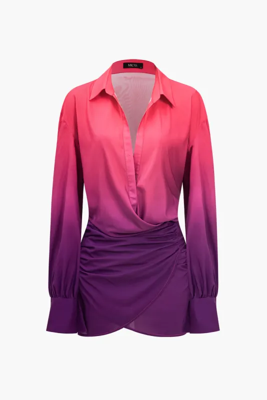 Ombre Print Ruched Button Up Mini Kjole sold by Micas