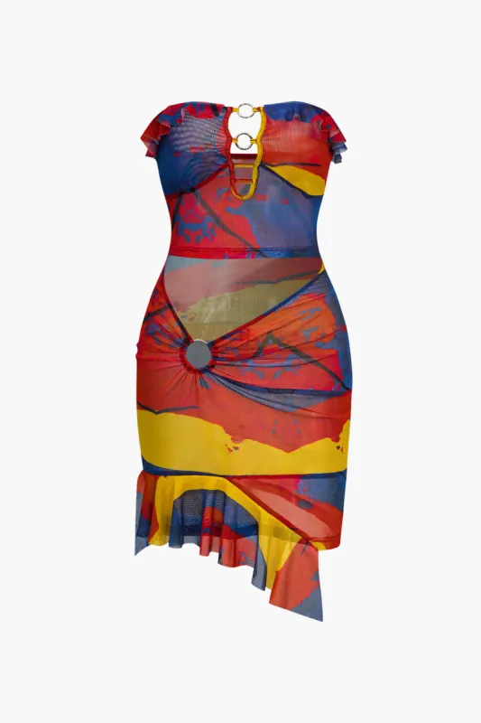 Tie Dye Print Asymmetrical Ruffle Mini Dress sold by Micas