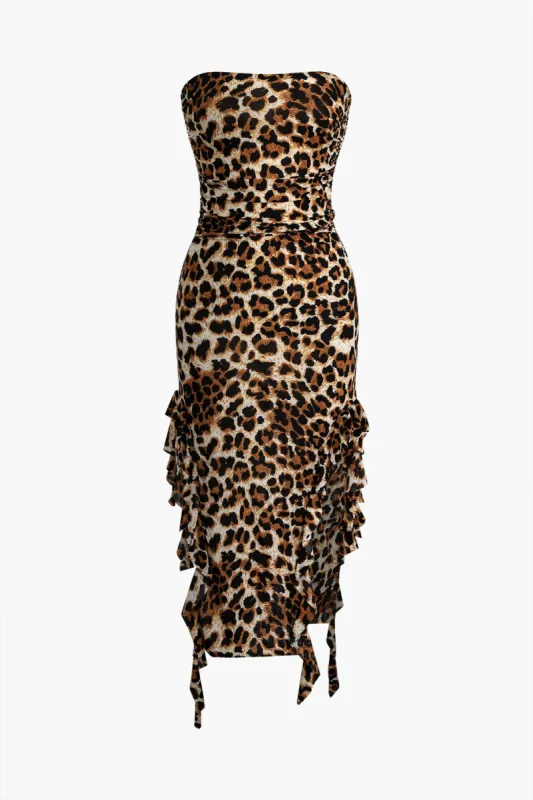 Leopard Print Ruffle Strapless Midi Dress sold by Micas