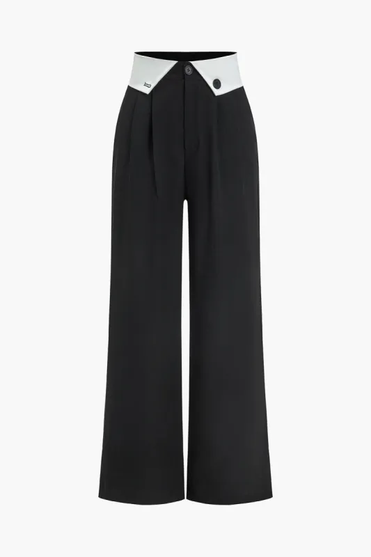 Contrast Foldover Waist Button Wide Leg Trousers sold by Micas