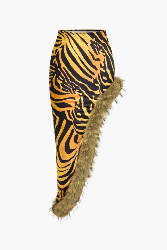 Tiger Print Asymmetrical Fur Trim Skirt sold by Micas