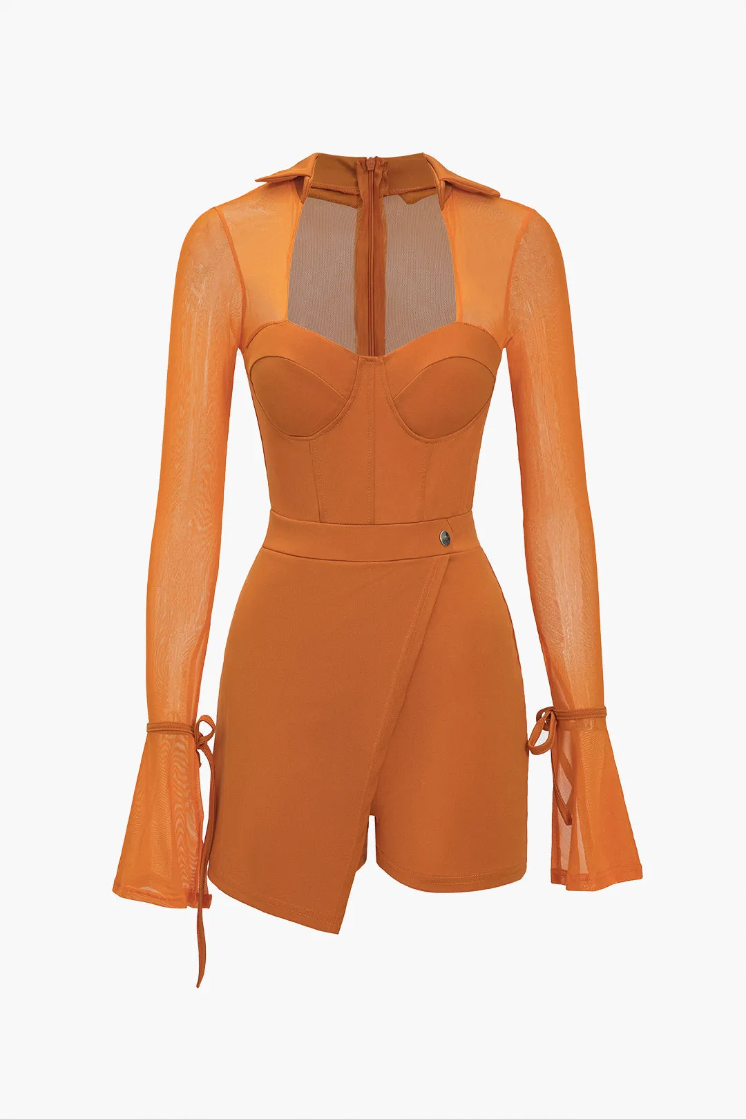 Solid Bell Sleeves Kontrast Mesh Bustier Lynlås Romper sold by Micas