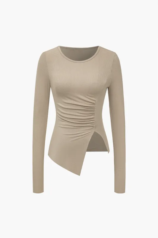 Solid Slit Asymmetrical Ruched Long-Sleeve Top sold by Micas