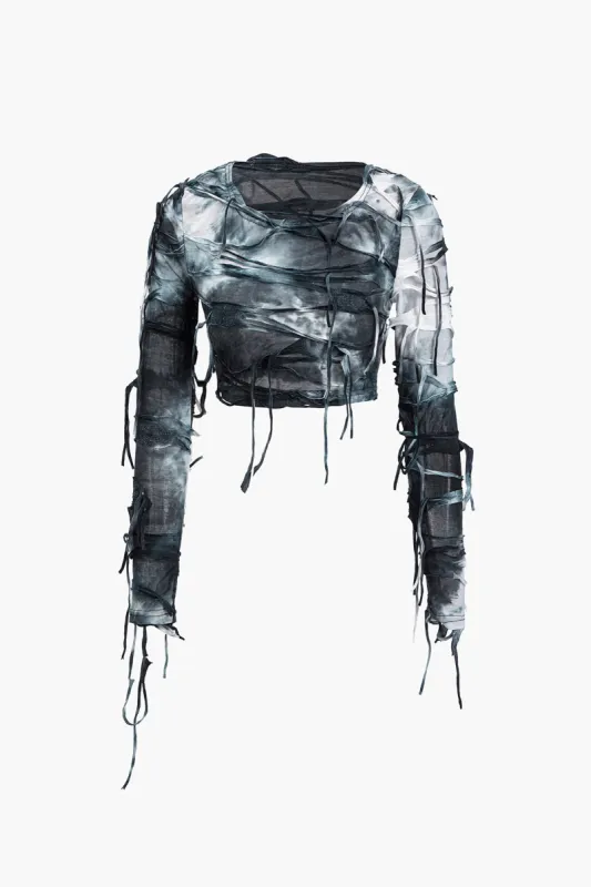 Tie farvestofprint frynse langærmet top sold by Micas