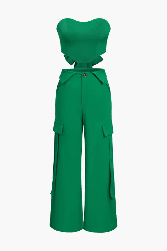 Solid Tie Backless Tube Top And Cargo Trouser Set sold by Micas