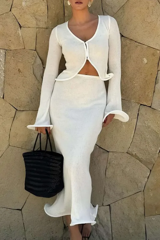 Solid Long Bell Sleeve Top And Midi Skirt Set sold by Micas