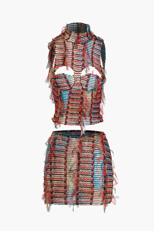 Cut Out Mesh Fringe Tank Top And Mini Skirt Set sold by Micas
