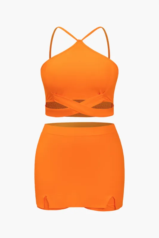 Plus Size Solid Crossed Back Top And Skirt Set sold by Micas
