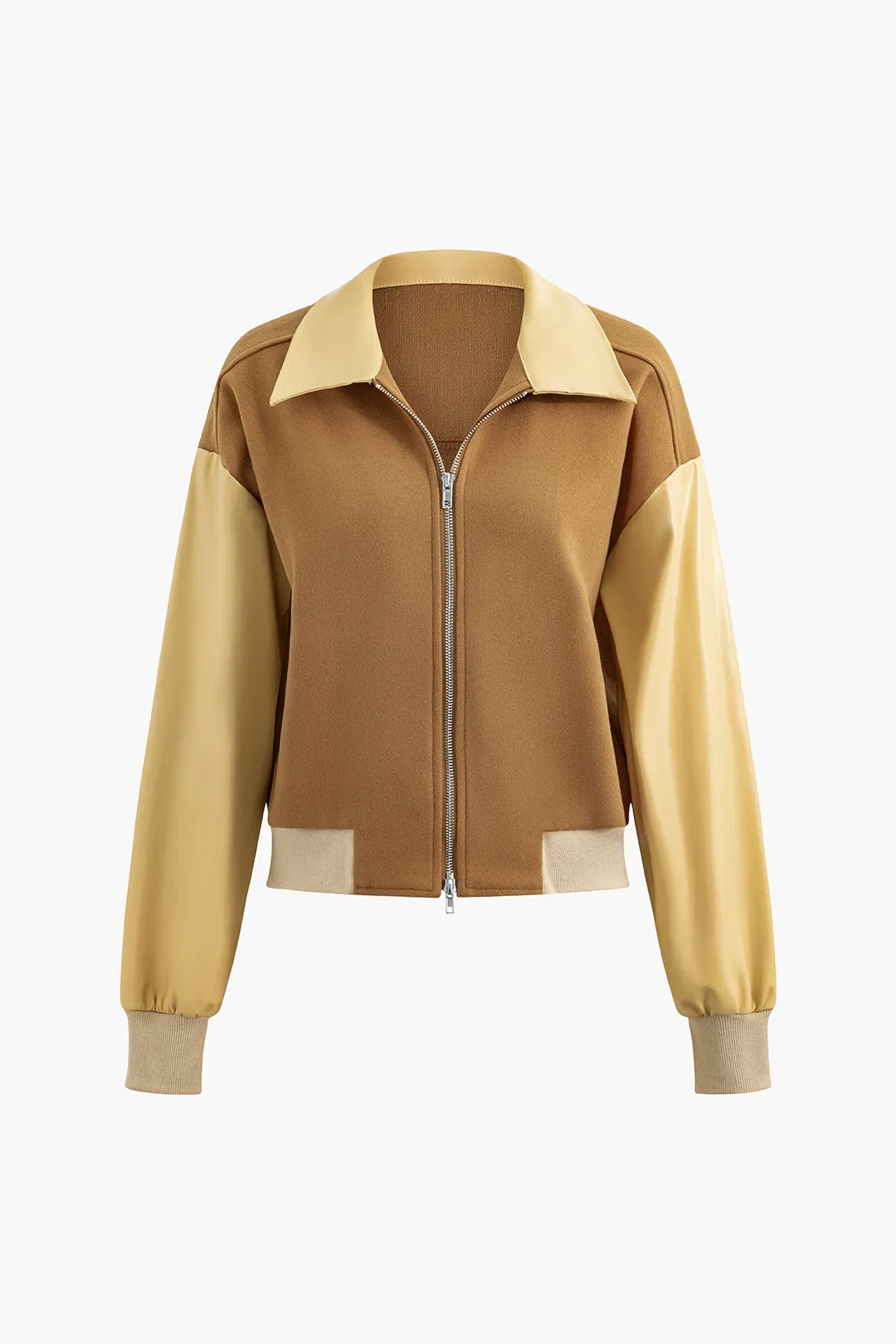 Patchwork læder farveblok lynlåsjakker sold by Micas