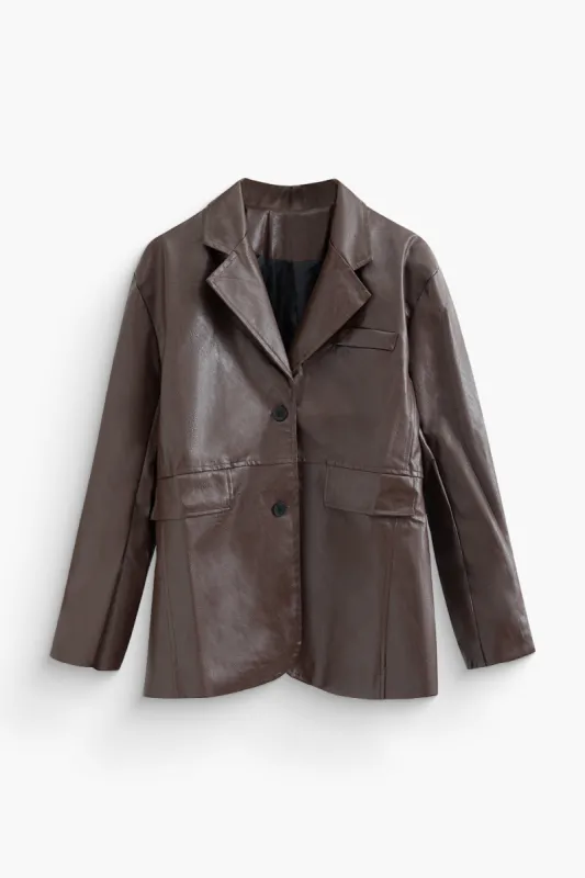 Solid Pu Leather Button Fake Pockets Blazer sold by Micas