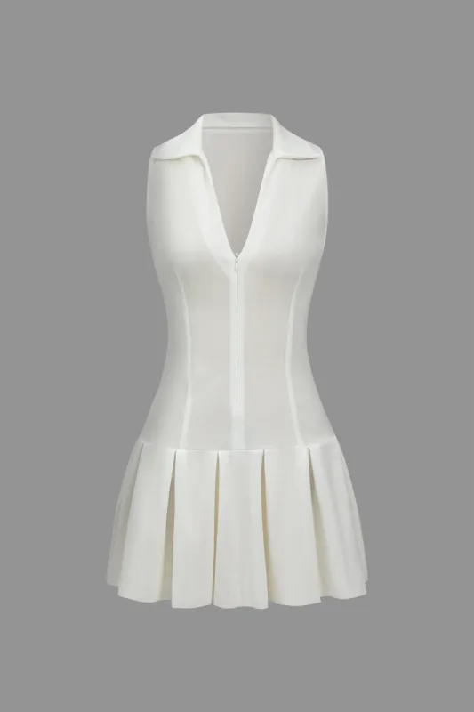 Solid Zipper V-Neck Pleated Mini Dress sold by Micas