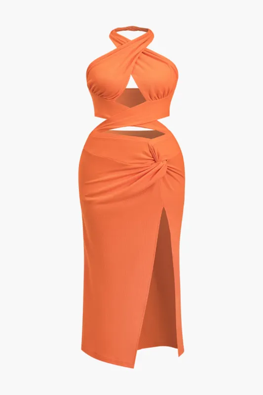Plus Size Solid Tie Front Slit Twist Knot Maxi Dress sold by Micas