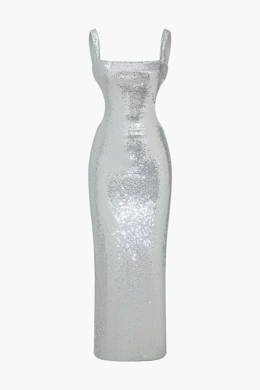 Solid Sequin Backless Slit Maxi Dress sold by Micas