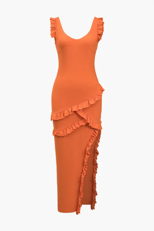 Solid rygfri fluffle spalte maxi kjole sold by Micas