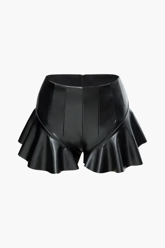 Solid Faux Leather Ruffle Skort sold by Micas