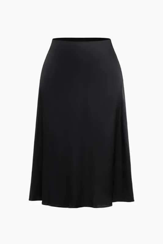 Plus Size Solid Satin High Waist Zipper A-Line Skirt sold by Micas