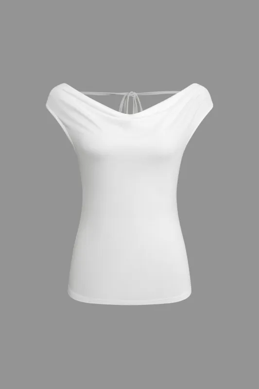 Solid rygløs draperet hætte-hals binde-T-shirt sold by Micas