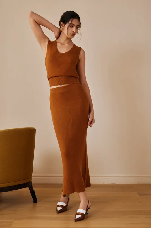 Solid Knit V-neck Tank Top And Slit Skirt Set sold by Micas