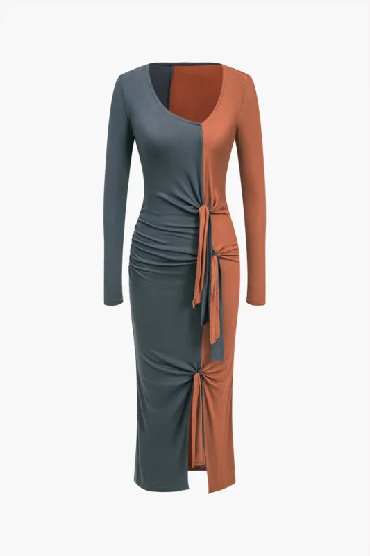 Solid Tie Front Color Block Midi Dress sold by Micas