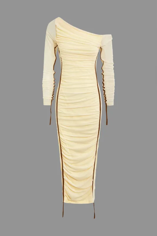 Solid Contrast Binding Asymmetrical Ruched Midi Dress sold by Micas