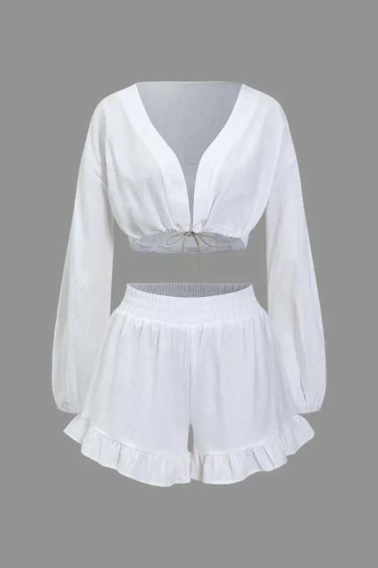 Grundlæggende solid V-hals pufærmer Crop Top todelt sæt sold by Micas