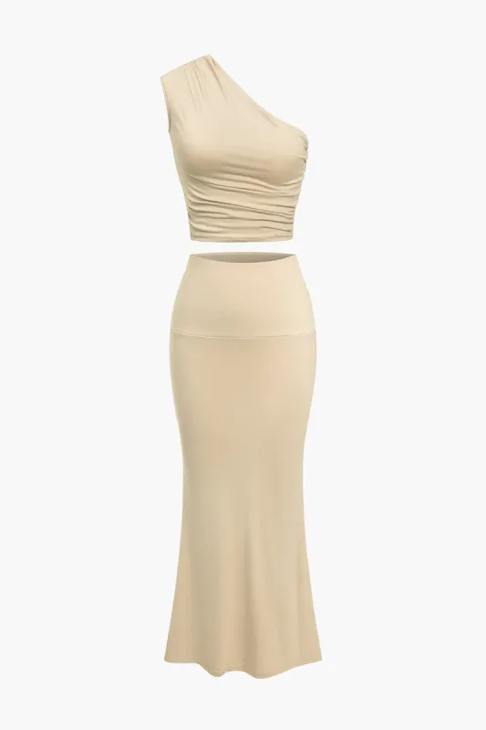 Basic Solid One-Shoulder Top And Skirt Set sold by Micas