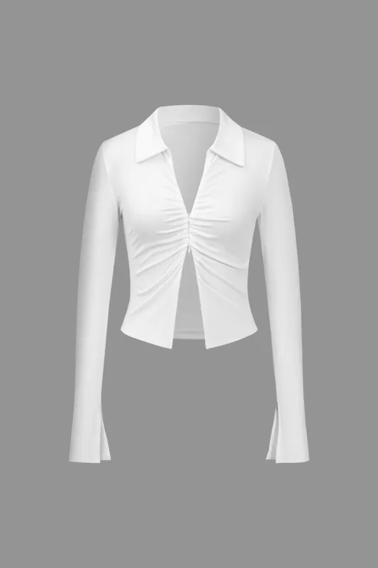 Solid Ruched Zipper Long-Sleeve Top sold by Micas