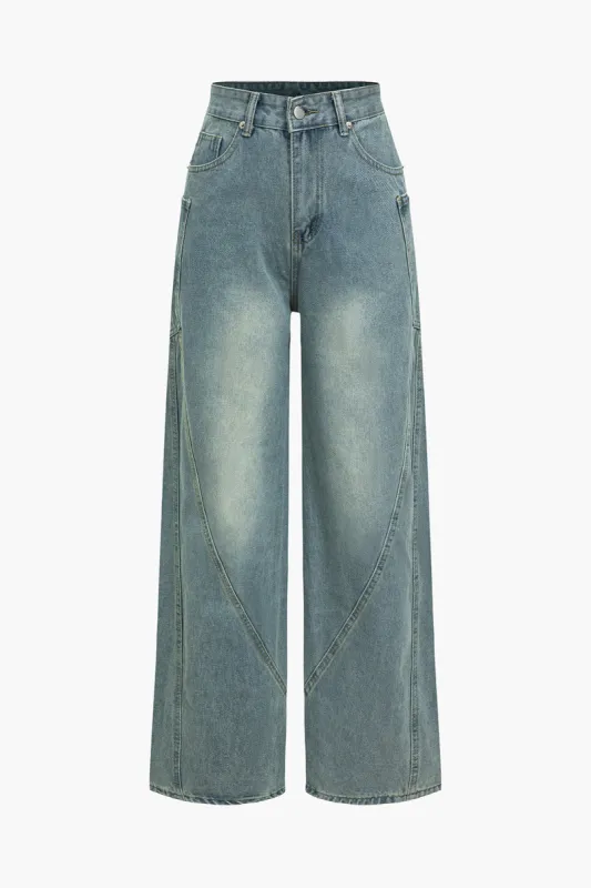 Faded Denim Pocket Wide Leg Jeans sold by Micas