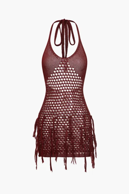 Solid strik frynse skåret ud bagfra sammenbinding kjole sold by Micas