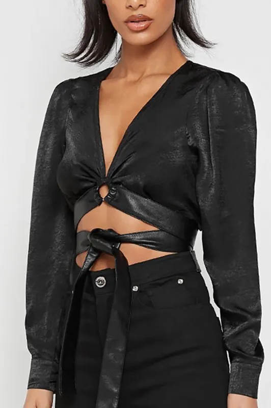 Solid Faux Leather Tie-Up Long-Sleeve Shirt sold by Micas