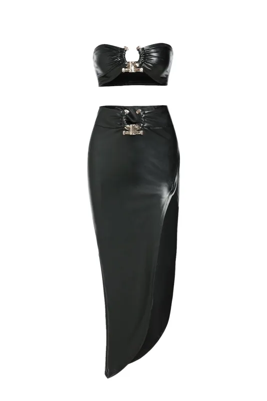 Solid Faux Leather Tube Top And Asymmetrical Skirt Set sold by Micas
