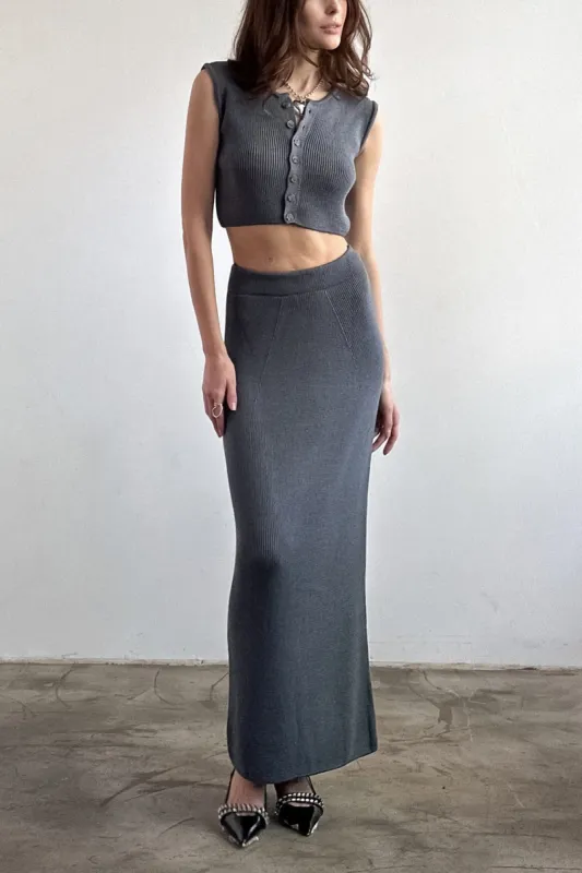 Solid Knit Button Crop Top And Skirt Set sold by Micas