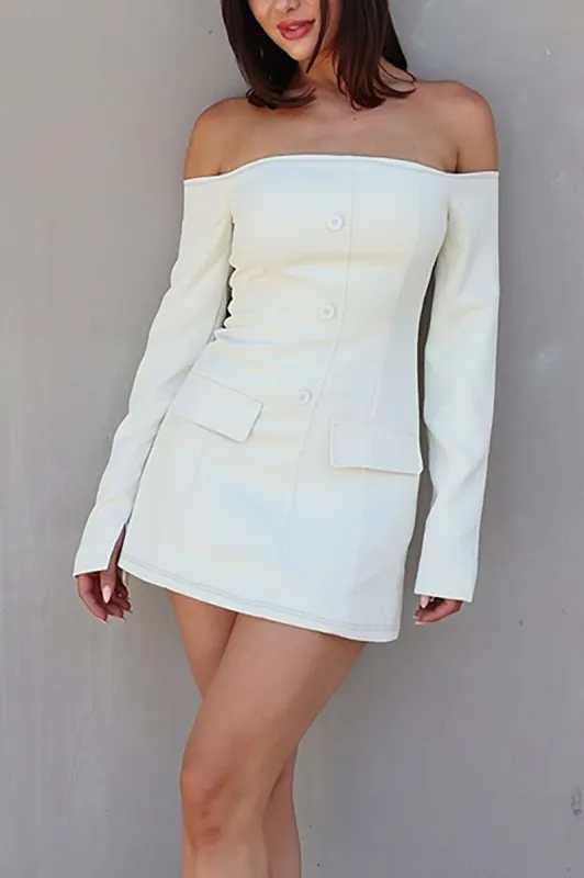 Solid Button Fake Pocket Off Shoulder Mini Dress sold by Micas