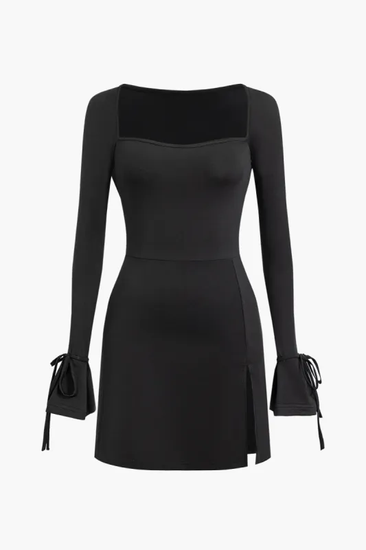Solid Long Sleeve Slit Tie-Up Mini Dress sold by Micas