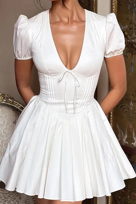 Solid Ruched Tie-Up V-neck Mini Dress sold by Micas