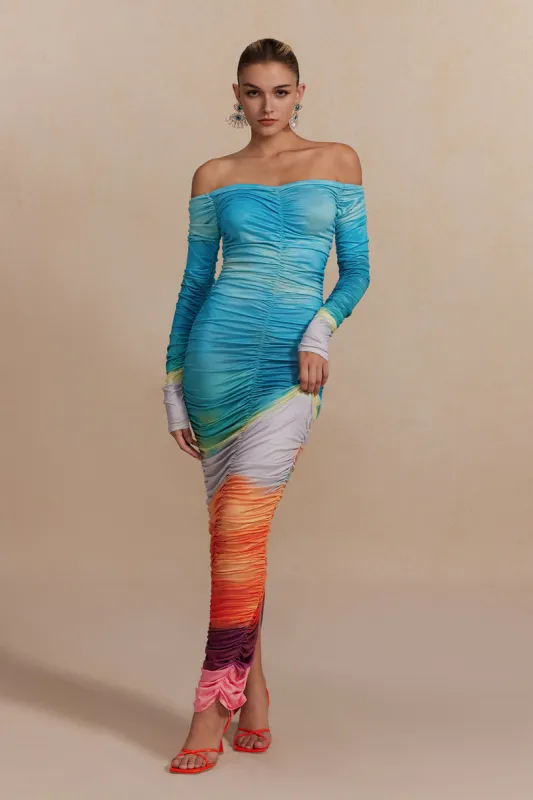 Contrast Off Shoulder Ruched Long-Sleeve Maxi Dress sold by Micas